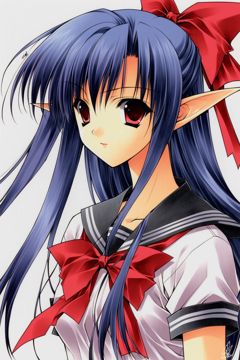 35137-75900108-Suzuhira Hiro Style,_1girl,solo,school uniform,pointy ears,elf,blue hair,half updo,long hair,red eyes,ribbon,skirt,bow,zettai ry.png